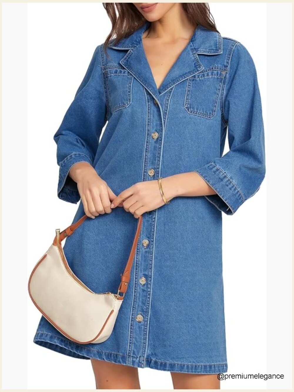 Womens Denim Shirt Dress A-Line 3/4 Sleeve Button Down Casual Summer Chambray